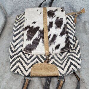 Myra Bag Womens 11.5x14.5 Frost Brown White Gray Cowhide Leather Backpack *Read*